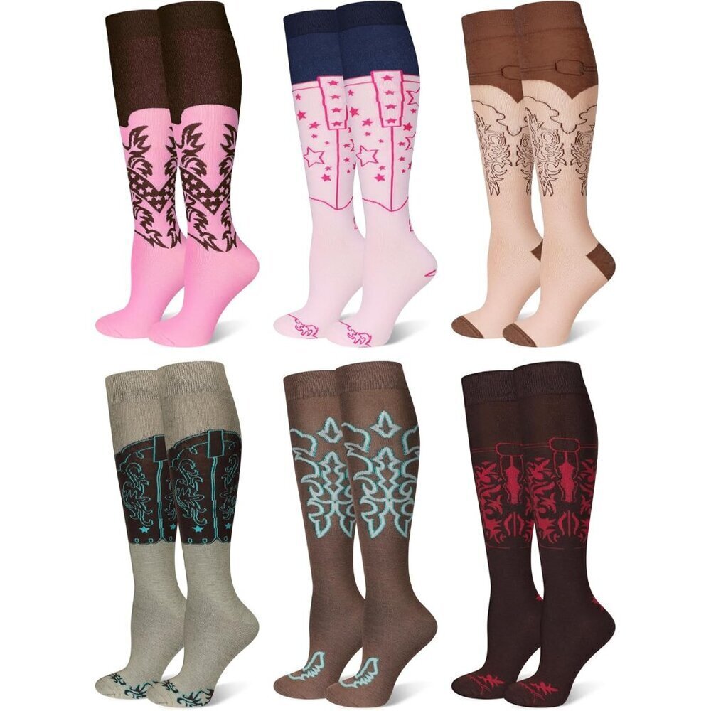 Cowgirl Boot Socks Western Aztec Knee High 6 Pairs for Women Western Outfits